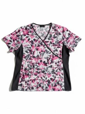Cherokee Floral Scrub Top Pink Black Stretch Nurse Medical V Neck XL